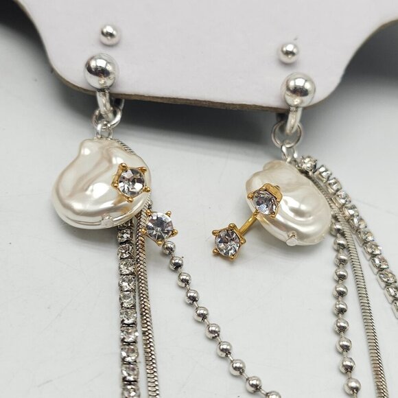 Zara Statement Faux Pearl Chain Drop Earrings With Gold Silver Tone Accents - Picture 6 of 7